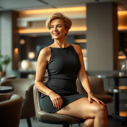 A mature woman sitting elegantly, wearing a chic miniskirt