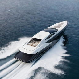 A high-speed luxury boat carrying the timeless elegance, sleek design, and iconic logo of a Jaguar supercar