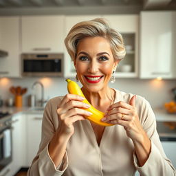 A mature woman elegantly eating a banana, with a playful and confident expression