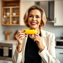 A mature woman elegantly eating a banana, with a playful and confident expression