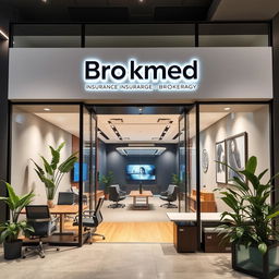 A premium office design for Brokmed insurance brokerage, featuring an elegant storefront facade with sleek branding