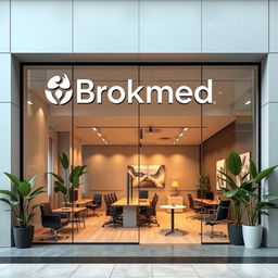 A premium office design for Brokmed insurance brokerage, featuring an elegant storefront facade with sleek branding