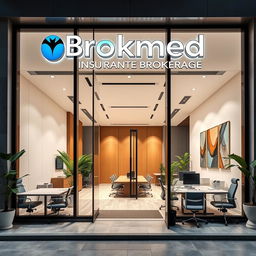 A premium office design for Brokmed insurance brokerage, featuring an elegant storefront facade with sleek branding