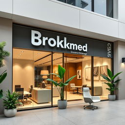 A premium office design for Brokmed insurance brokerage, featuring an elegant storefront facade with sleek branding