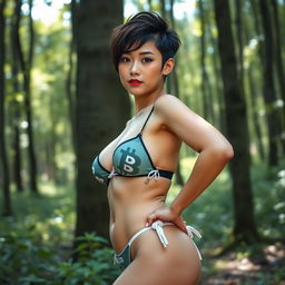 A stunning 18-year-old Japanese woman with a Quiff Pixie haircut, posing seductively in a forest