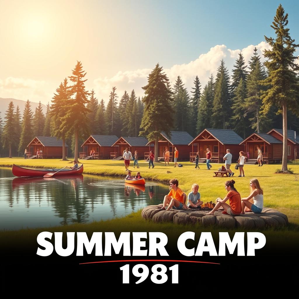 A nostalgic movie poster depicting a summer camp in 1981 by the lakeside