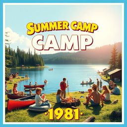 A nostalgic movie poster depicting a summer camp in 1981 by the lakeside