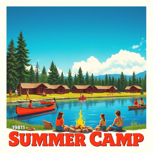 A nostalgic movie poster depicting a summer camp in 1981 by the lakeside