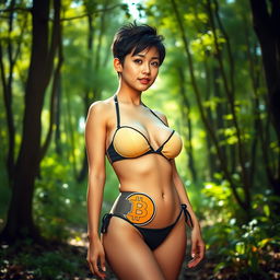 An attractive 18-year-old Japanese woman with a Quiff Pixie haircut, confidently posing seductively in a lush forest