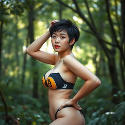 An attractive 18-year-old Japanese woman with a Quiff Pixie haircut, confidently posing seductively in a lush forest