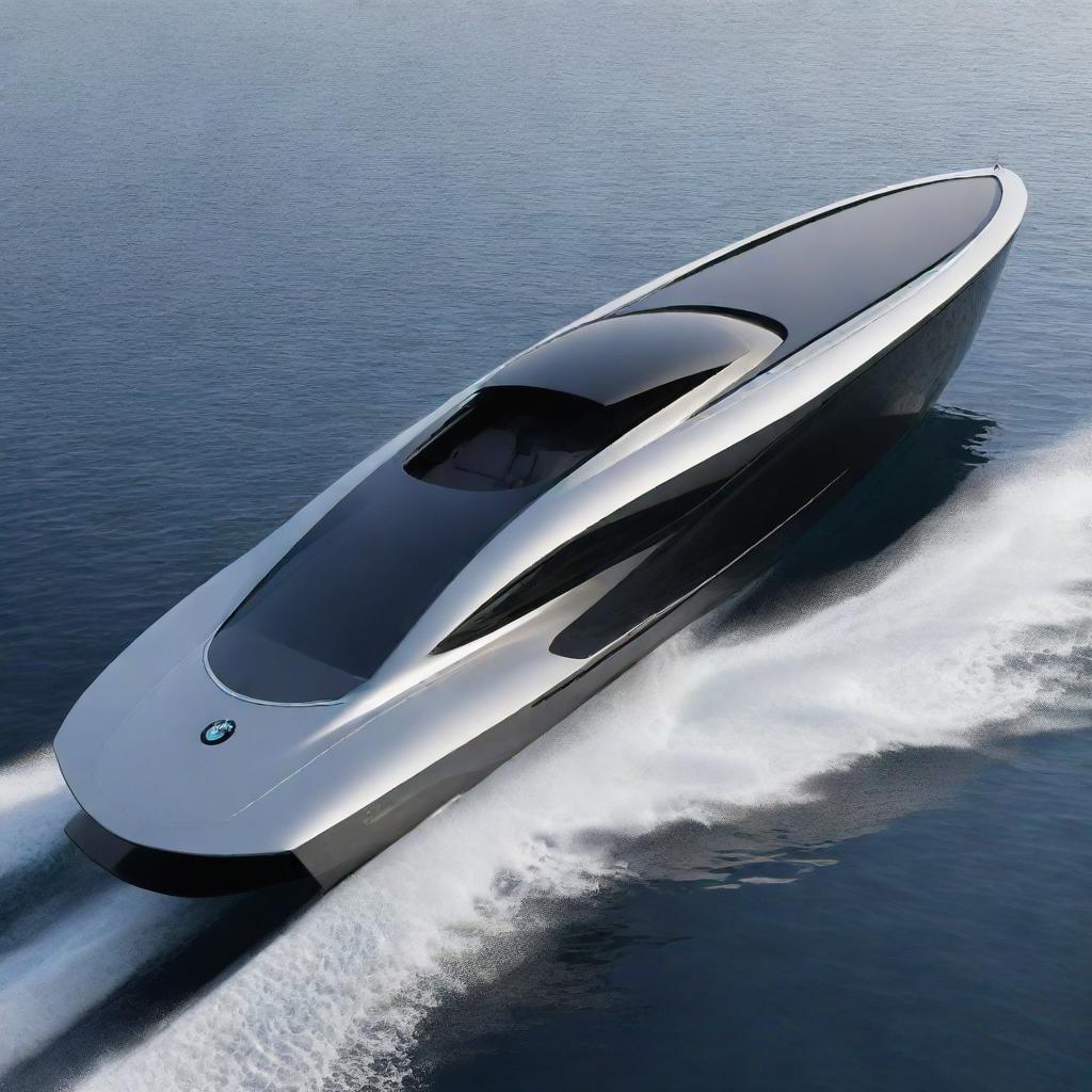 A luxury speed boat design incorporating the sleek lines, sophisticated style, and iconic logo of a BMW supercar