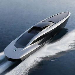 A luxury speed boat design incorporating the sleek lines, sophisticated style, and iconic logo of a BMW supercar