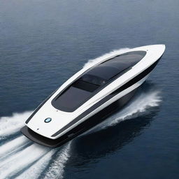 A luxury speed boat design incorporating the sleek lines, sophisticated style, and iconic logo of a BMW supercar