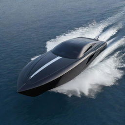 Visualize a high-end speed boat with the sleek, elegant design, and iconic logo of an Audi supercar