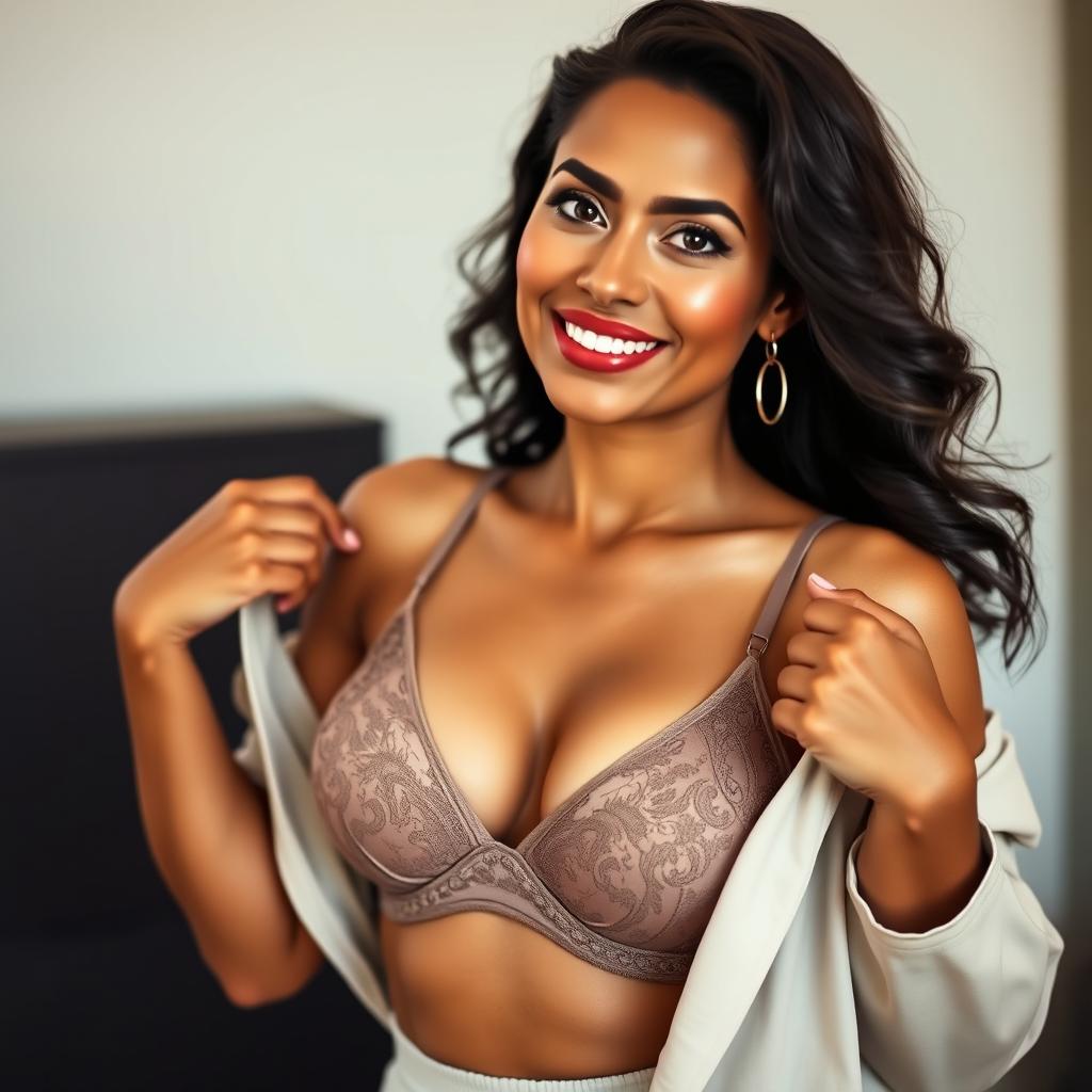 A confident 34-year-old woman displaying her stylish bra with an expression of self-assuredness and poise