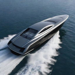 Visualize a high-end speed boat with the sleek, elegant design, and iconic logo of an Audi supercar