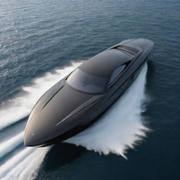 Visualize a high-end speed boat with the sleek, elegant design, and iconic logo of an Audi supercar