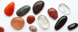 A collection of carnelian, bloodstone, red jasper, clear quartz, and garnet on a white background