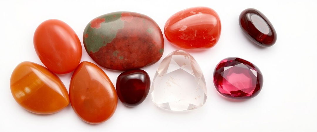 A collection of carnelian, bloodstone, red jasper, clear quartz, and garnet on a white background