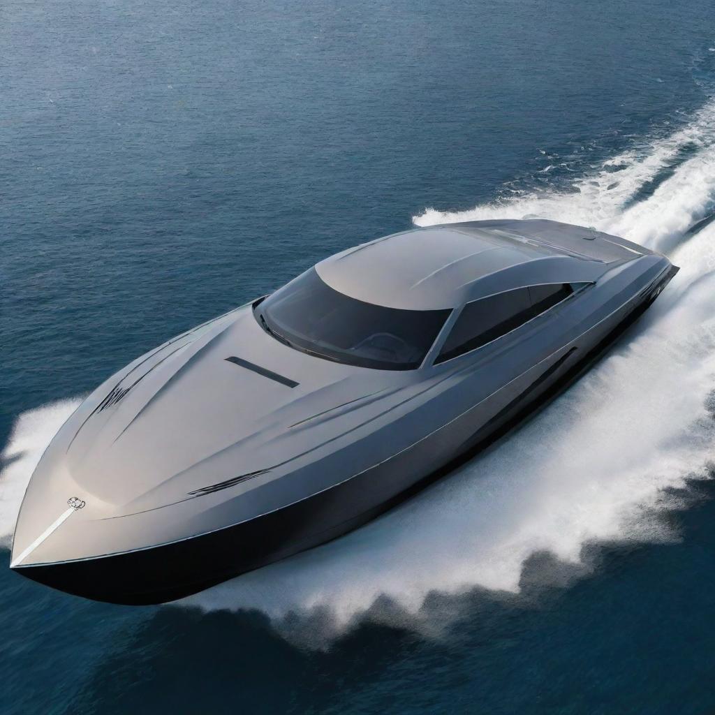 Visualize a high-end speed boat with the sleek, elegant design, and iconic logo of an Audi supercar