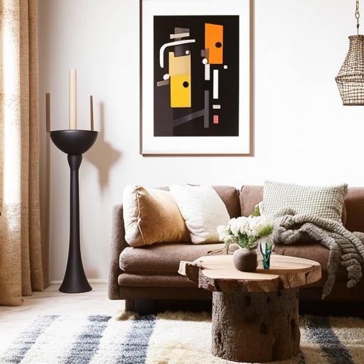 A beautifully decorated room with a balance of modern and rustic elements, featuring a comfortable sofa, a stylish coffee table, a plush rug, and eye-catching wall art.