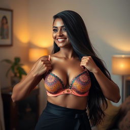 34-year-old Indian woman with long, black hair, gracefully taking off her top to reveal a stylish, vibrant bra