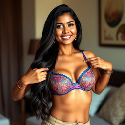 34-year-old Indian woman with long, black hair, gracefully taking off her top to reveal a stylish, vibrant bra