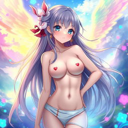 Anime girl with small breasts, bare skin, set in a fantasy realm, with flowing hair and delicate features, surrounded by vibrant and glowing magical elements