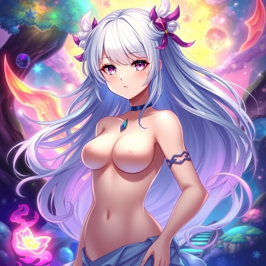 Anime girl with small breasts, bare skin, set in a fantasy realm, with flowing hair and delicate features, surrounded by vibrant and glowing magical elements