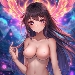 Anime girl with small breasts, bare skin, set in a fantasy realm, with flowing hair and delicate features, surrounded by vibrant and glowing magical elements