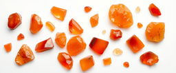 A collection of carnelian crystals displayed against a white background