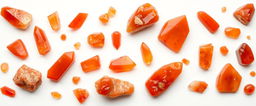 A collection of carnelian crystals displayed against a white background