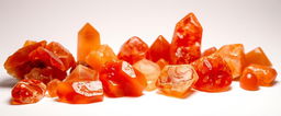 A collection of carnelian crystals displayed against a white background