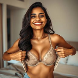 A 34-year-old Indian woman in the process of playfully taking off her top to reveal a stylish, elegant bra underneath