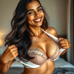 A 34-year-old Indian woman in the process of playfully taking off her top to reveal a stylish, elegant bra underneath