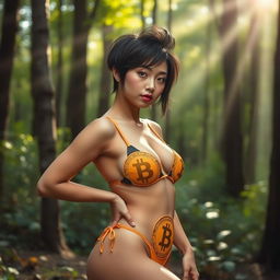 A mesmerizing 18-year-old Japanese woman with a Quiff Pixie haircut, striking a seductive pose in a lush forest