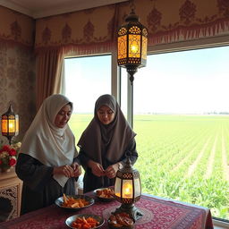 Two women wearing hijabs are preparing a Ramadan feast in a beautifully decorated room