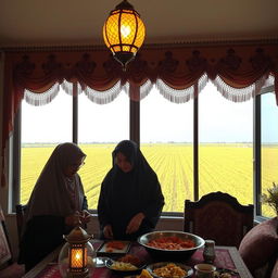 Two women wearing hijabs are preparing a Ramadan feast in a beautifully decorated room