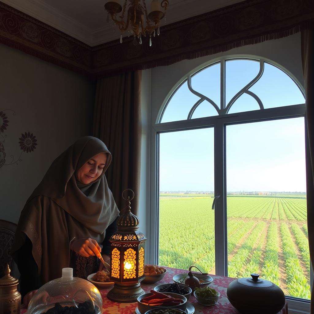 Two women wearing hijabs are preparing a Ramadan feast in a beautifully decorated room