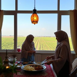 Two women wearing hijabs are preparing a Ramadan feast in a beautifully decorated room