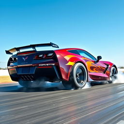 A high-performance Corvette C8 drag car designed in an aggressive Doorslammer style, showcasing a sleek aerodynamic body kit and vibrant custom paint job with racing stripes