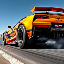 A high-performance Corvette C8 drag car designed in an aggressive Doorslammer style, showcasing a sleek aerodynamic body kit and vibrant custom paint job with racing stripes