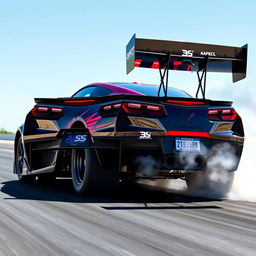 A high-performance Corvette C8 drag car designed in an aggressive Doorslammer style, showcasing a sleek aerodynamic body kit and vibrant custom paint job with racing stripes