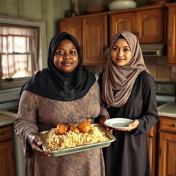 A dark-skinned, plus-sized woman wearing a hijab is holding a tray with steaming rice and chicken