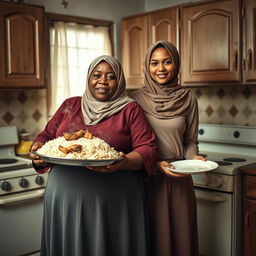 A dark-skinned, plus-sized woman wearing a hijab is holding a tray with steaming rice and chicken