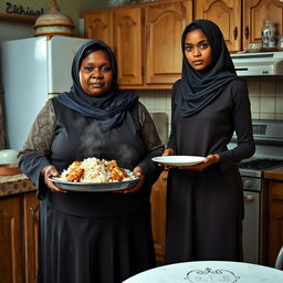 A dark-skinned, plus-sized woman wearing a hijab is holding a tray with steaming rice and chicken