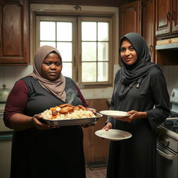 A dark-skinned, plus-sized woman wearing a hijab is holding a tray with steaming rice and chicken