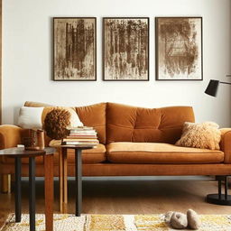 A beautifully decorated room with a balance of modern and rustic elements, featuring a comfortable sofa, a stylish coffee table, a plush rug, and eye-catching wall art.