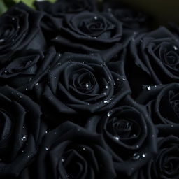 A collection of black roses adorned with delicate water droplets, each petal shimmering under soft, ambient light