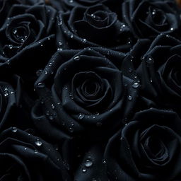 A collection of black roses adorned with delicate water droplets, each petal shimmering under soft, ambient light